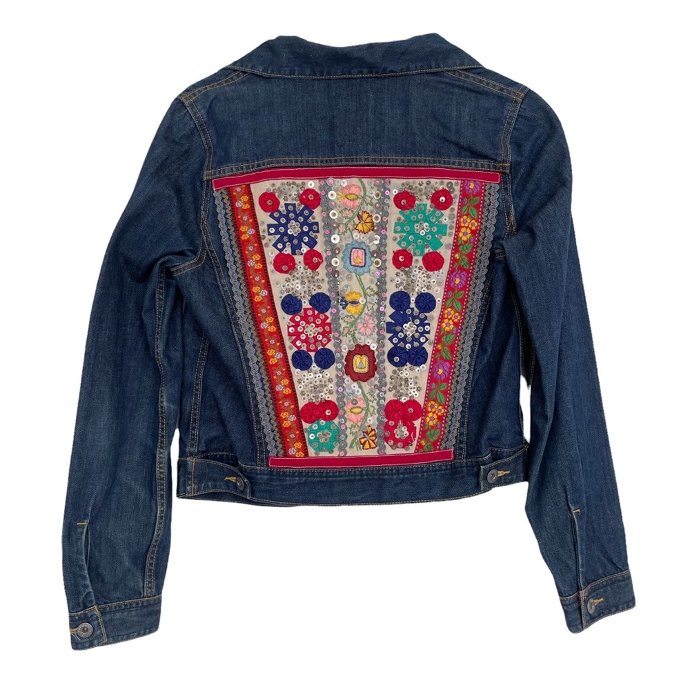 Lucky Brand | Rare "Aged" Colorful Embroidered Sequin Denim Jacket
